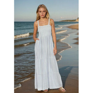 NWT Raviya Tiered Maxi Dress Cover-Up Blue Stripe Cruise Vacation Resort S
